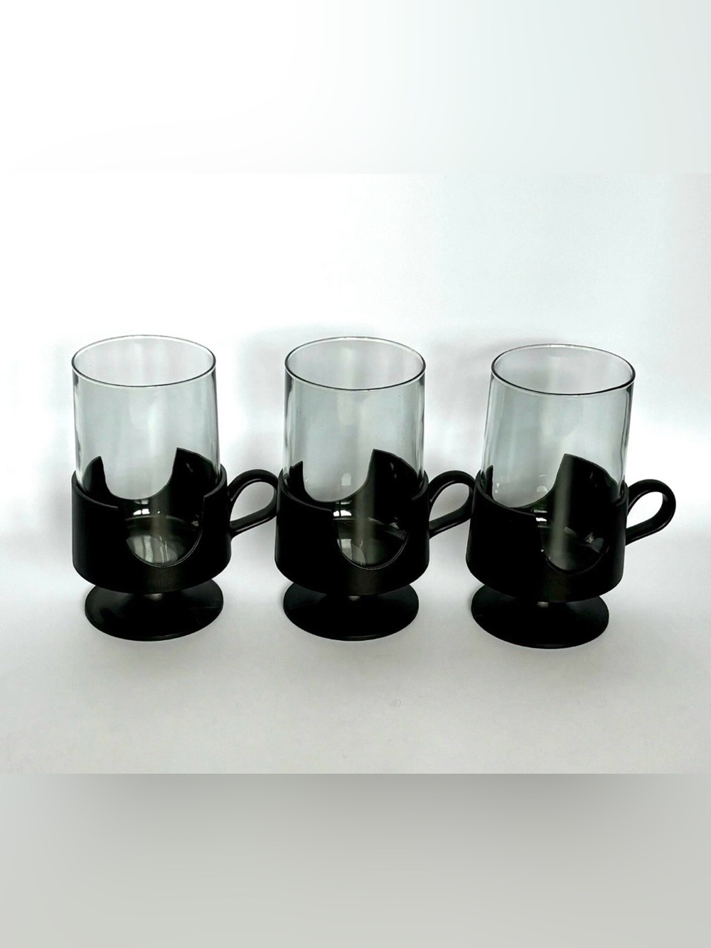 1970s Set of 3 Corning Tinted Glas-Snap  Tumblers Pyrex Mugs with Black Holders